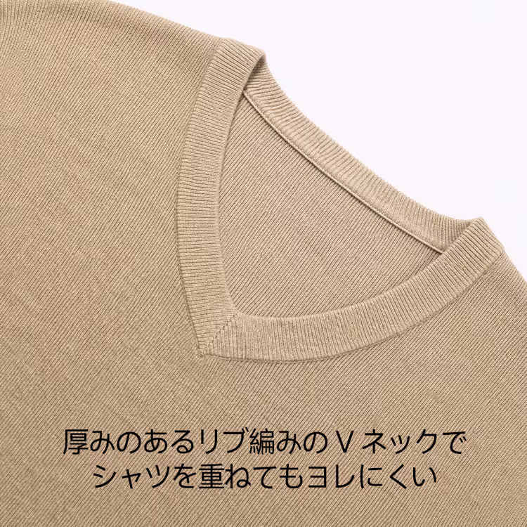 しなやかでシワになりにくい 洗濯機洗い可 お手入れ簡単 シャツとの重ね着に活躍するVネックニット