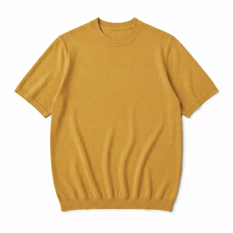 ひんやりとした着心地　12Gのハイゲージ編み　クルーネックニットTシャツ　洗濯機洗い可