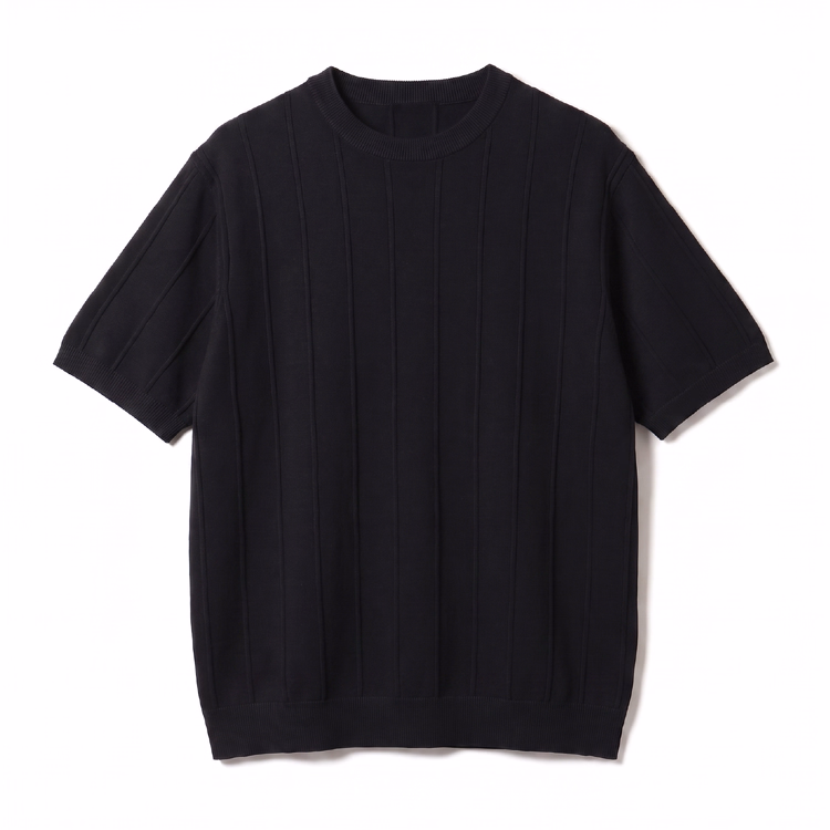 メンズ 縦畝ニット クルーネック半袖 レギュラーフィット ビジネス通勤 上質なニットTシャツ