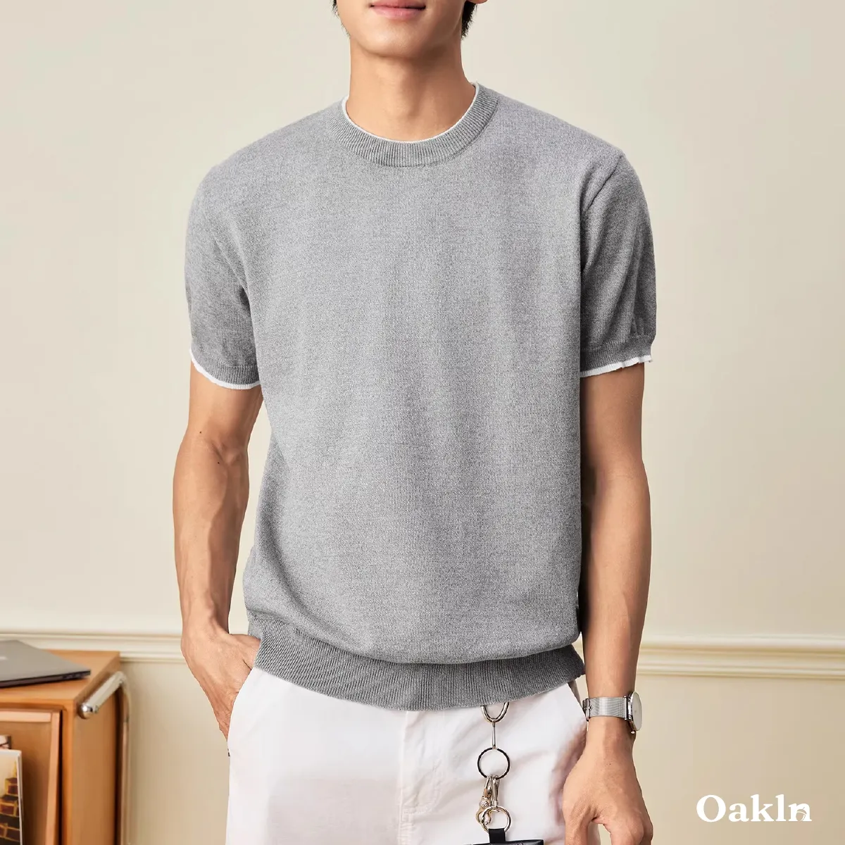 接触涼感 透けにくい メンズシルク混紡ニット-Oakln