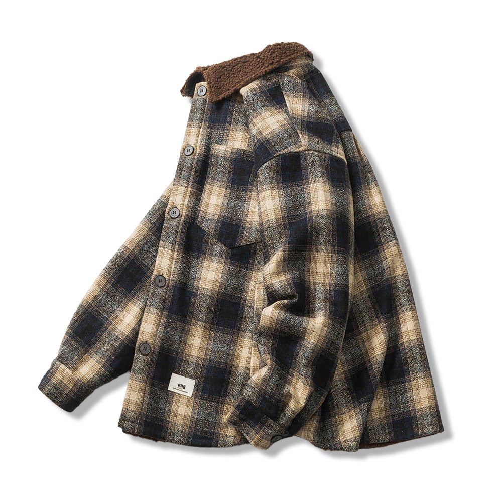 ボア裏地　ツイードチェック柄長袖シャツジャケット-oakln