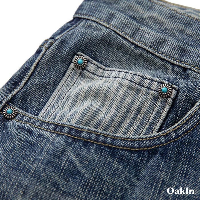 ターコイズ「Concho」ボタン付き ヘビーウェイトストレートデニム