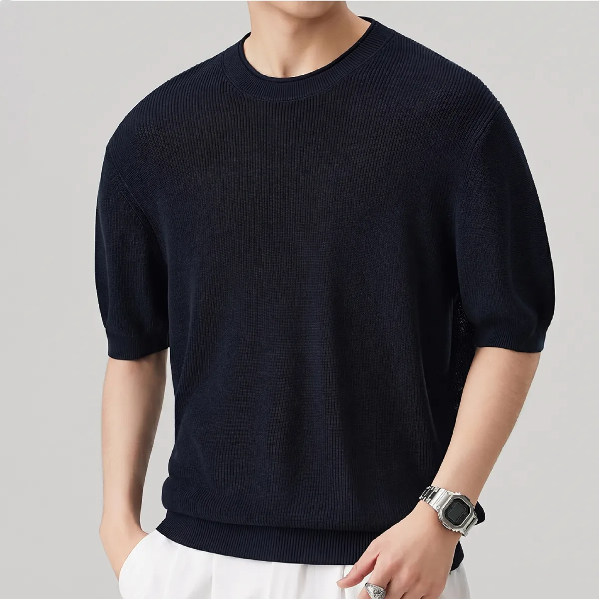 メンズ 半袖ニットTシャツ 接触涼感 通気性 透けにくい ロールドエッジネック型 崩れしにくい 体型カバー 洗濯機OK アイロン不要 ビジネスカジュアルニットTシャツ