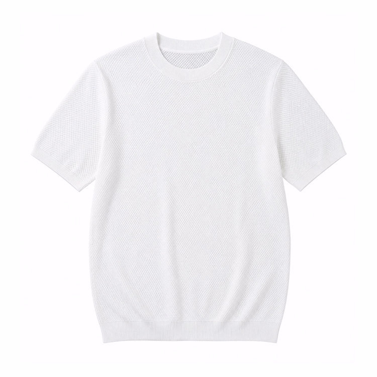 コットン100％ パイナップル編みニットTシャツ 通気性 洗濯機洗い可 毛玉になりにくい 型崩れしにくい