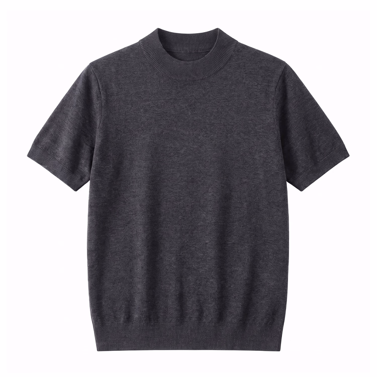 冷房対策　上品なモックネックニットTシャツ 　洗濯ネット使用で洗濯機洗い可 　型崩れしにくい