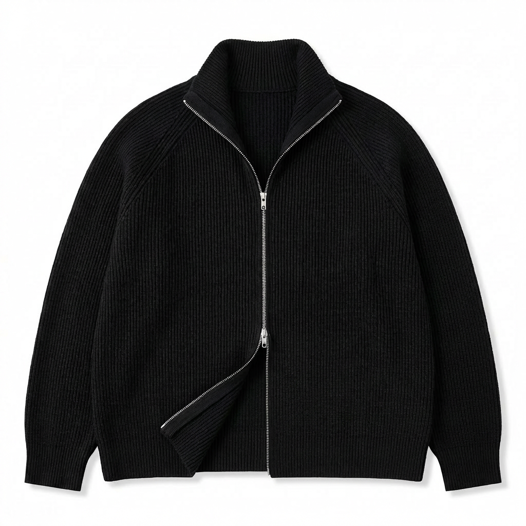 ドライバーズニット ダブルジップ ウール混 畦編み スタンドカラー