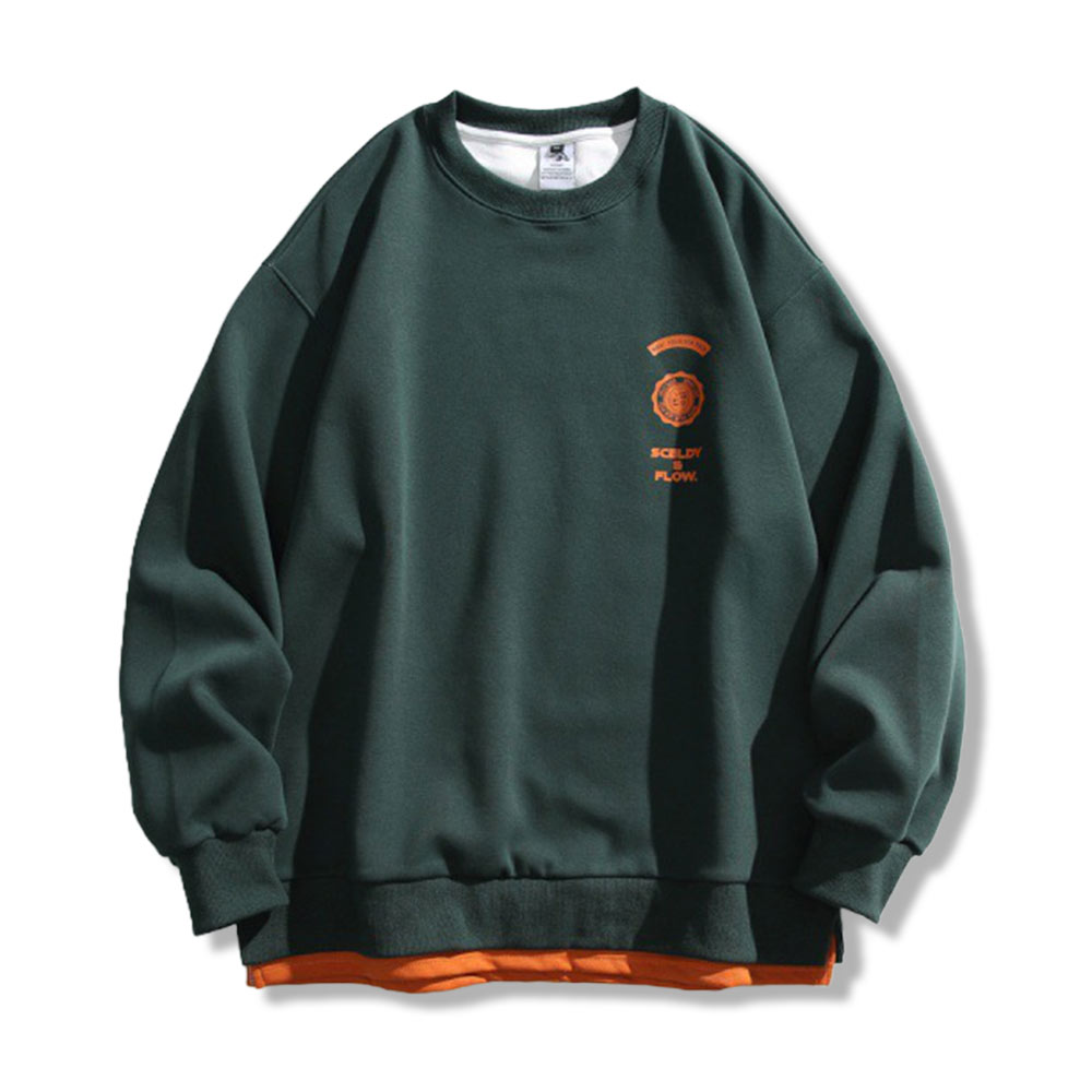 アメリカンヴィンテージ風 アウトドアプリント 配色切替 クルーネックスウェット-oakln