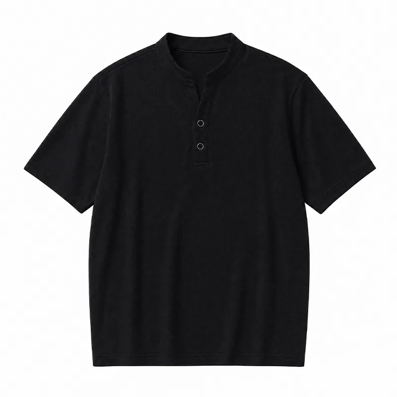 夏新作日系コットン混ヘンリーネック半袖Tシャツ ハーフボタンVネックで首元すっきり ハリ感素材で透けにくくお腹まわりをカバー シワになりにくくお手入れ簡単なカジュアルなニット