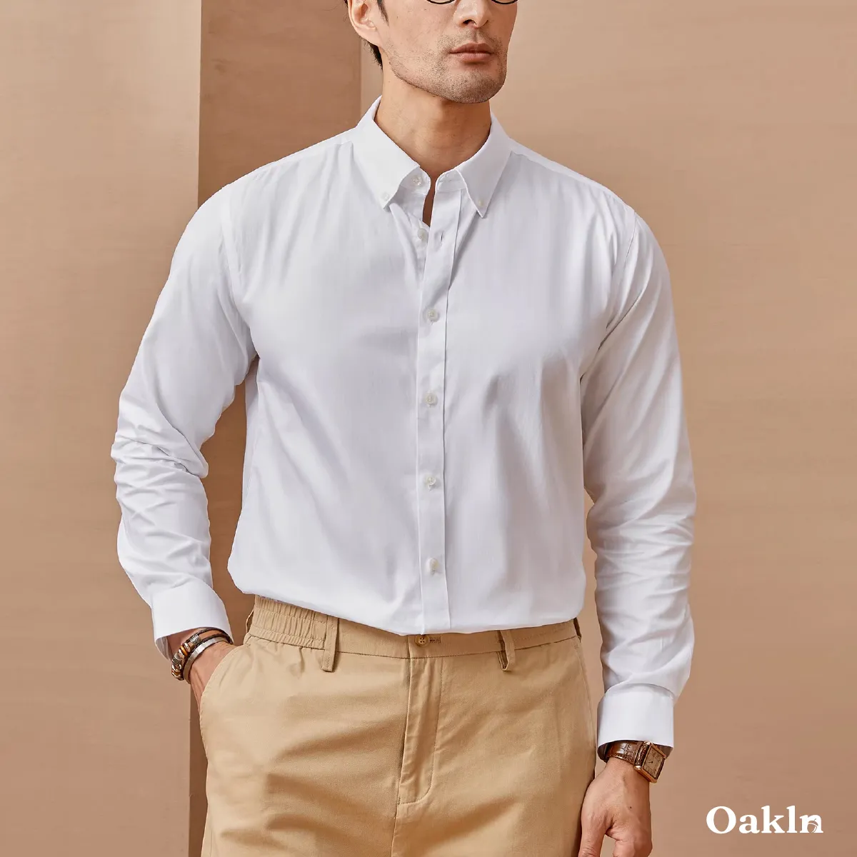 ボタンダウン　コットンリヨセル混　イージーケアオックスフォードシャツ-Oakln