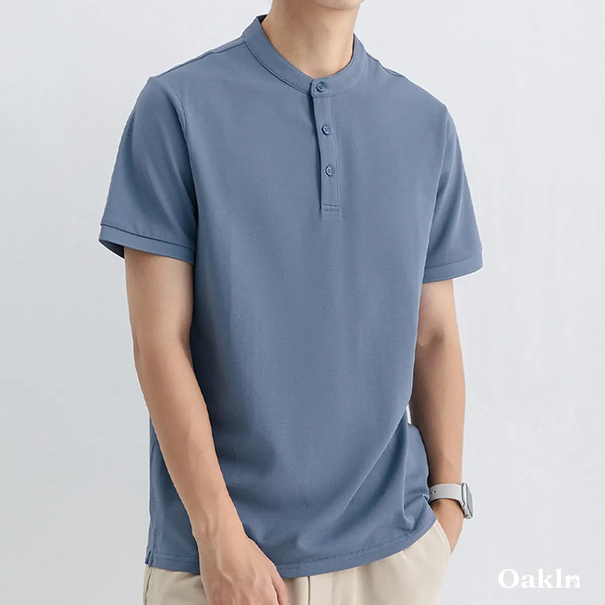 高混率コットンヘンリーネック半袖 ハリ感 通気性 ビジネスカジュアルスタイル-Oakln