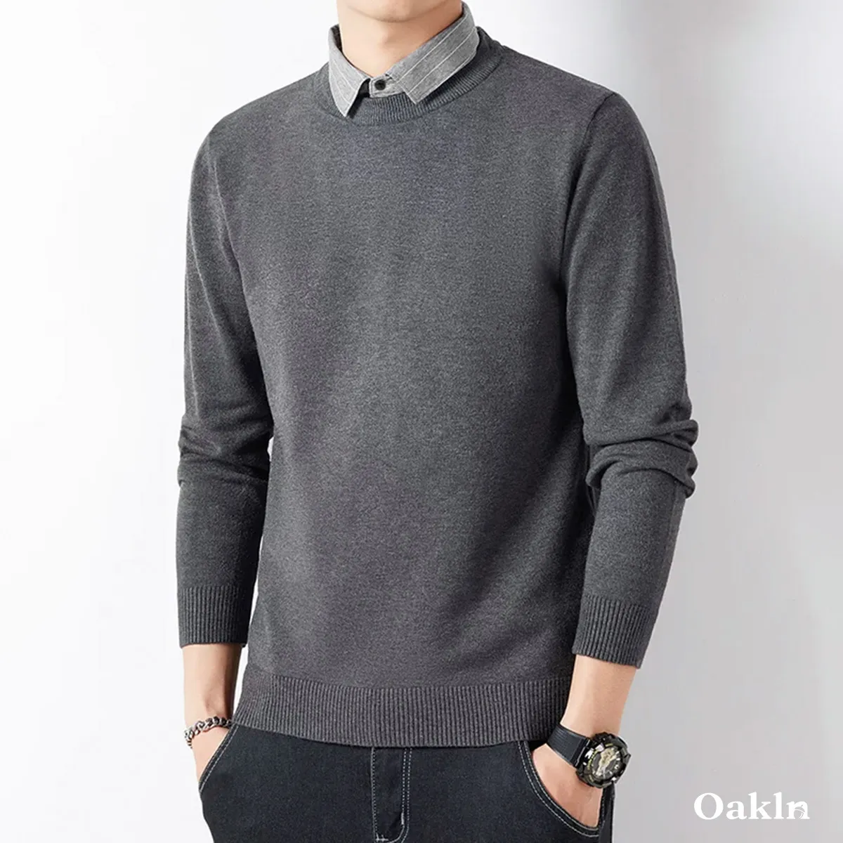 重ね着不要 フェイクレイヤード クルーネック ニット ボーダー襟-Oakln