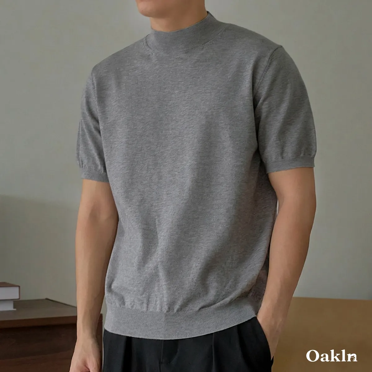 ウール混モックネック半袖ニット　ビジネスカジュアル 立体裁断-Oakln