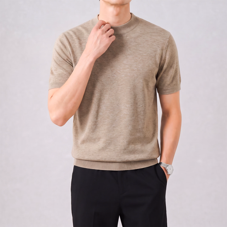 冷房対策　上品なモックネックニットTシャツ 　洗濯ネット使用で洗濯機洗い可 　型崩れしにくい