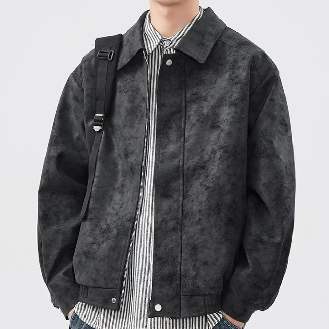 スイングトップ メンズ スエード調 ムラ感 ヴィンテージ加工 レトロ 折り襟 ジャケットアウター 比隠し前立て 春秋向け 軽アウター 大人　洗練されたスタイル-Oakln