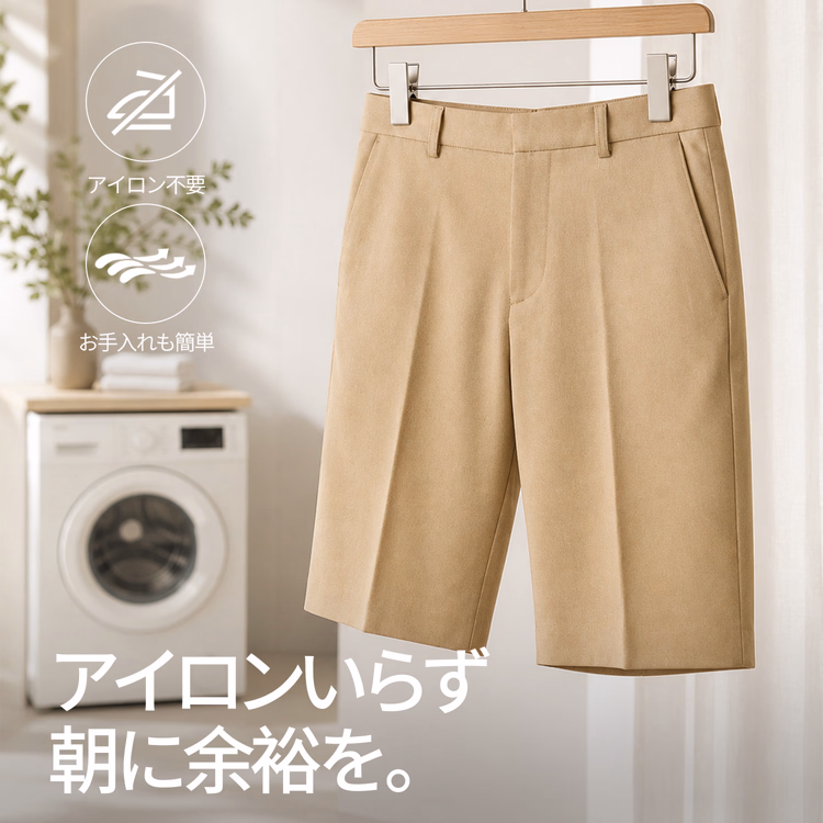 夏用メンズショートパンツ 薄手 通気性のある素材 イージーケア 落ち感のあるシルエット ビジネスカジュアル