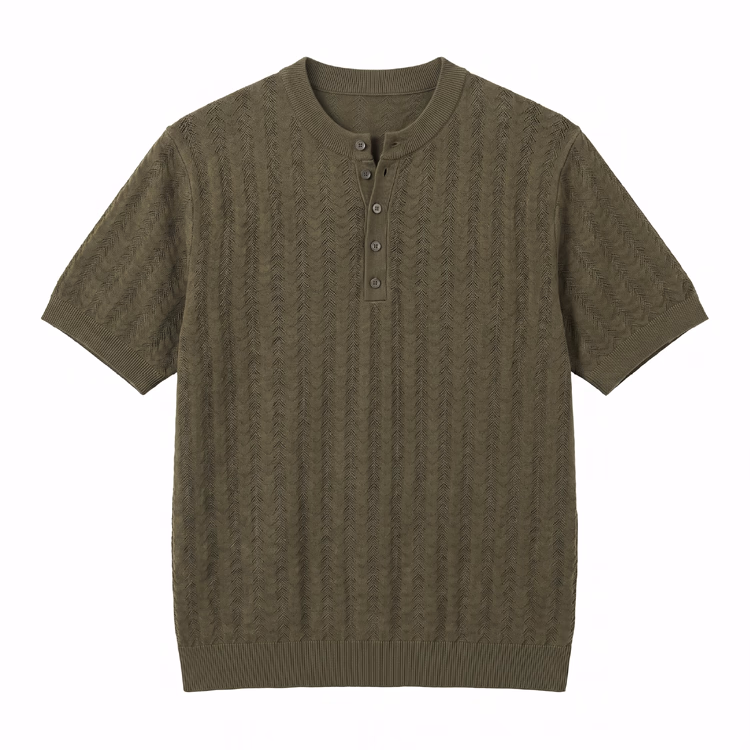 夏向け薄手仕様　レトロな透かし編みテクスチャー ヘンリーネックニットTシャツ　イージーケア シワになりにくい