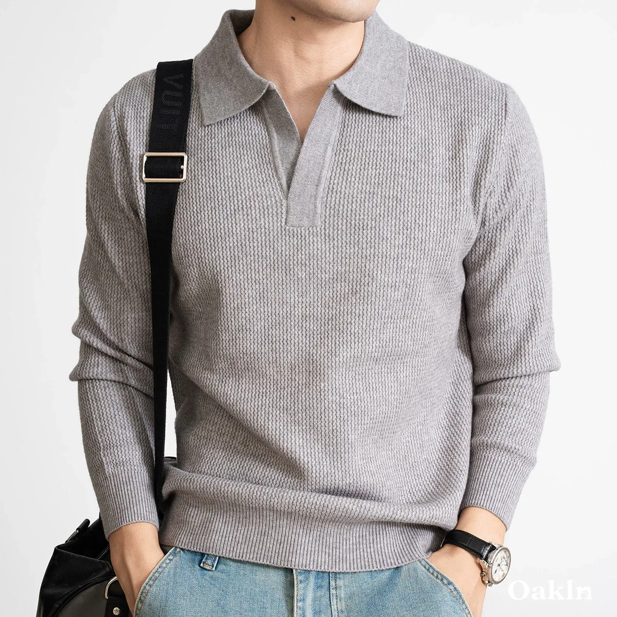  スキッパー ニット 羊毛混 鹿の子編み 襟付き ウォッシャブル ボタンレス ポロネックニット ウール混  立体テクスチャー  洗濯機対応