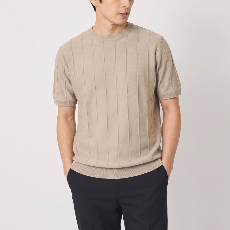 メンズ 縦畝ニット クルーネック半袖 レギュラーフィット ビジネス通勤 上質なニットTシャツ