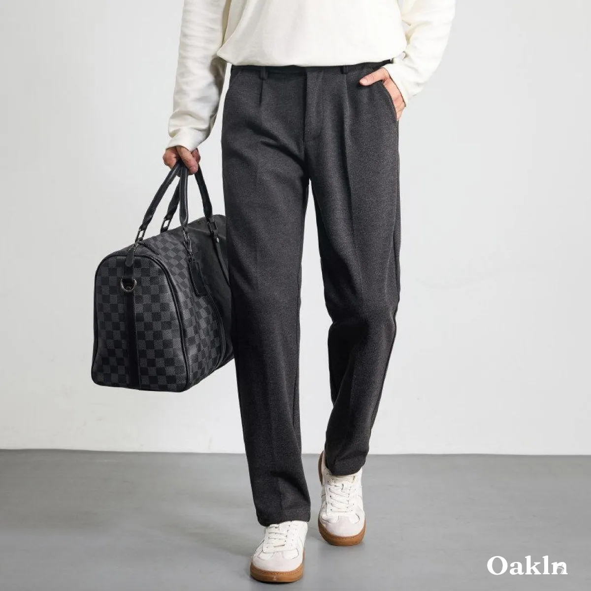 ウール混紡  イタリアン ダブルプリーツ  メンズ ウエストゴム  ハイウエストリラックスフィットスラックス-Oakln