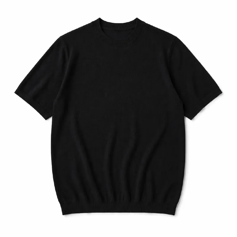 ひんやりとした着心地　12Gのハイゲージ編み　クルーネックニットTシャツ　洗濯機洗い可