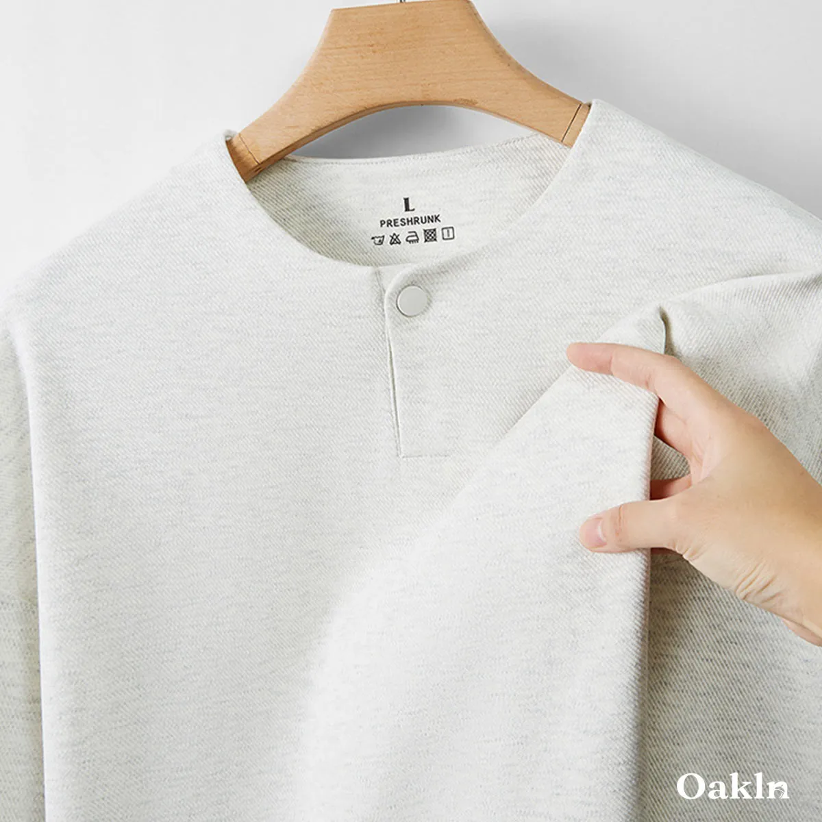 ヘンリーネック長袖Tシャツ 厚手仕様 ツイル コットン混 ドロップショルダー-Oakln