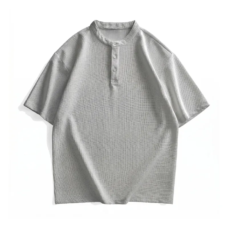 立体的なワッフル編みヘンリーネック　ハリ感のある通気性抜群Tシャツ