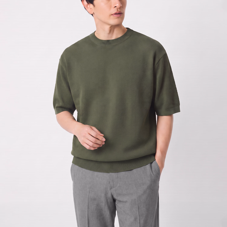 コットン100％ パイナップル編みニットTシャツ 通気性 洗濯機洗い可 毛玉になりにくい 型崩れしにくい