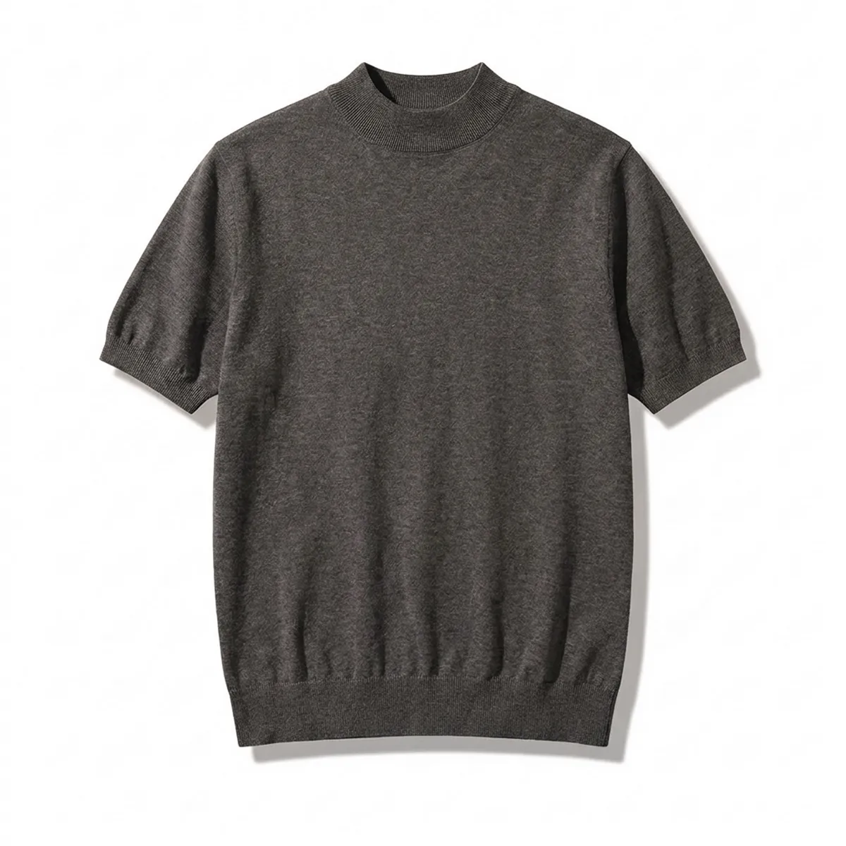 ウール混モックネック半袖ニット　ビジネスカジュアル 立体裁断-Oakln