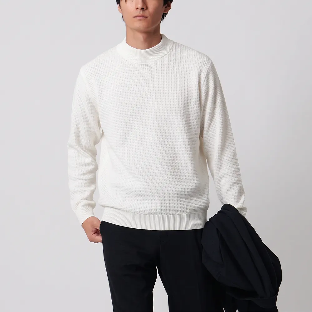 細かな格子模様 メンズ モックネックニット きちんと見えるビジネススタイル 洗濯機洗い可 毛玉ができにくい
