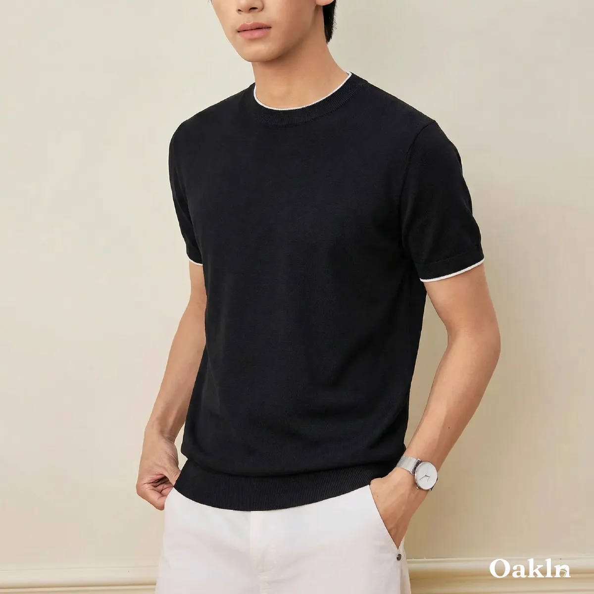 接触涼感 透けにくい メンズシルク混紡ニット-Oakln
