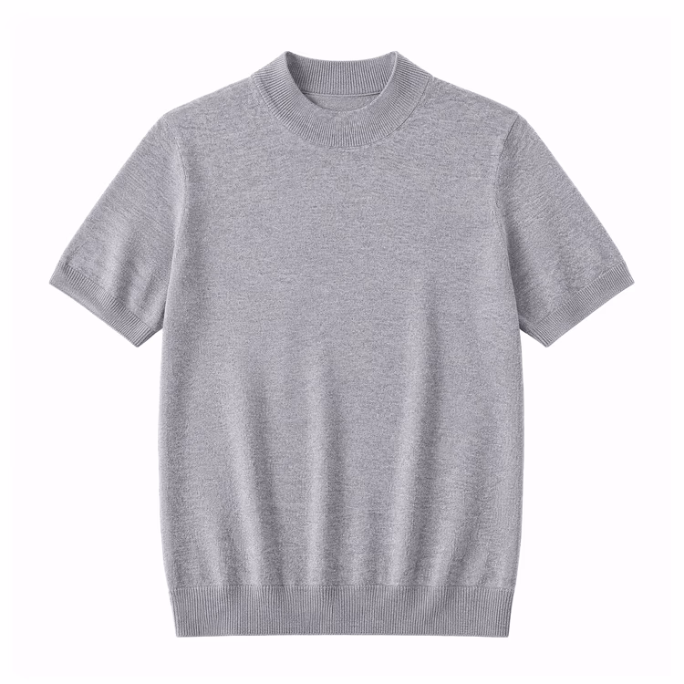 冷房対策　上品なモックネックニットTシャツ 　洗濯ネット使用で洗濯機洗い可 　型崩れしにくい