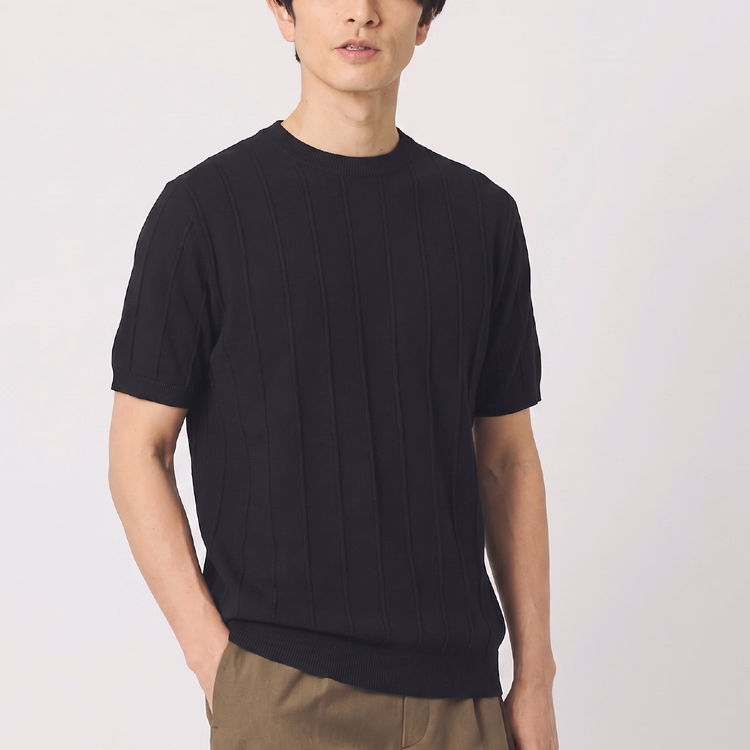 メンズ 縦畝ニット クルーネック半袖 レギュラーフィット ビジネス通勤 上質なニットTシャツ