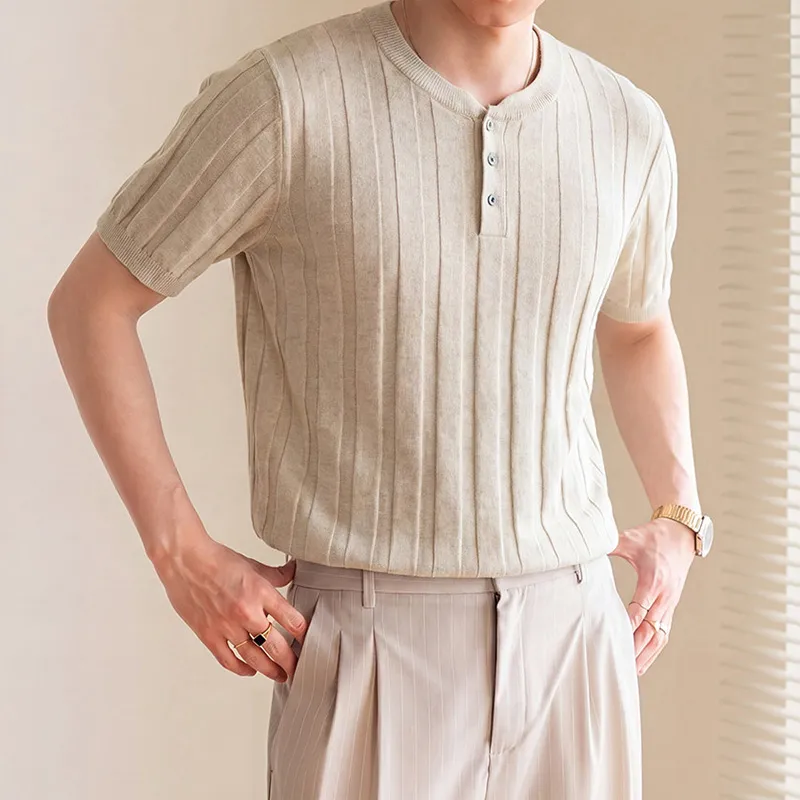 2026夏新作アイスシルクヘンリーネックニット半袖 メンズ リネン混