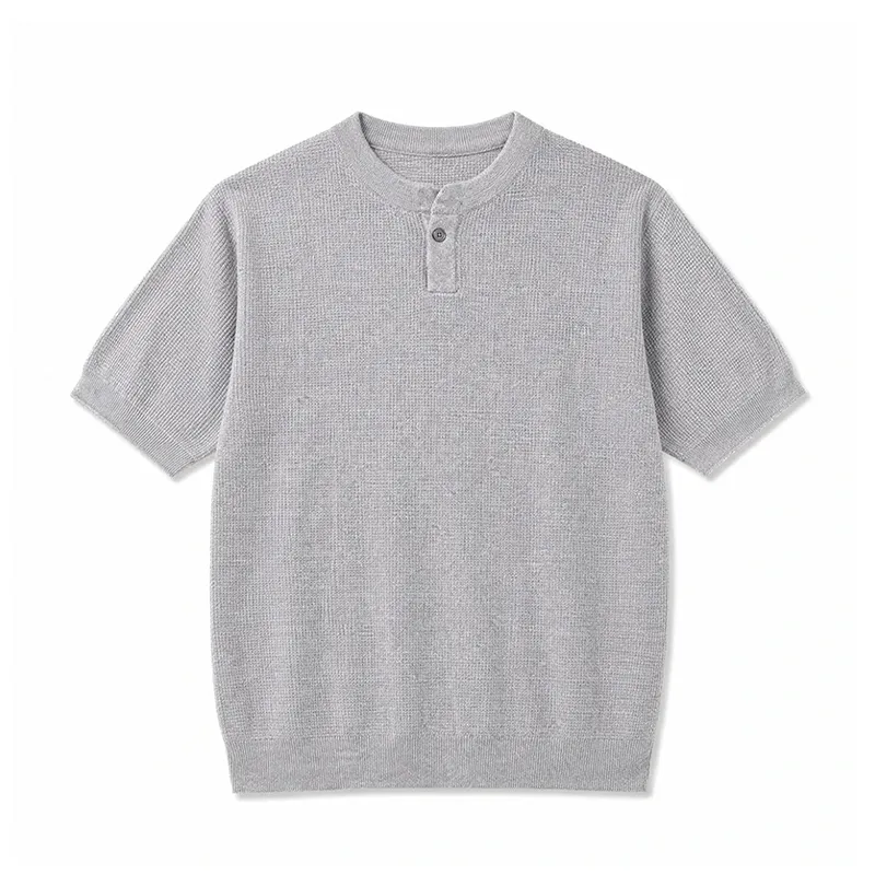 パイナップル編みでサラッとした肌触り　透けないヘンリーネックTシャツ　洗濯機で洗っても型崩れしない