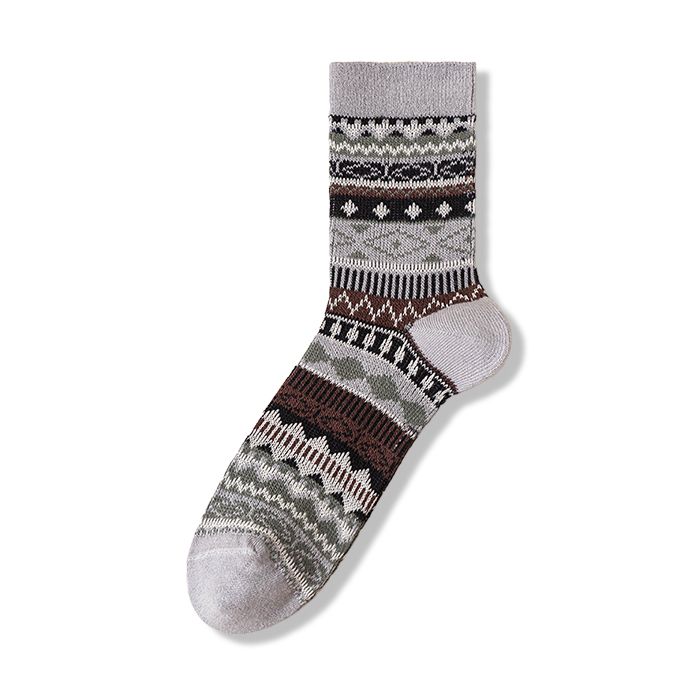  多色可選　配色エスニック柄コットンニットソックス-oakln