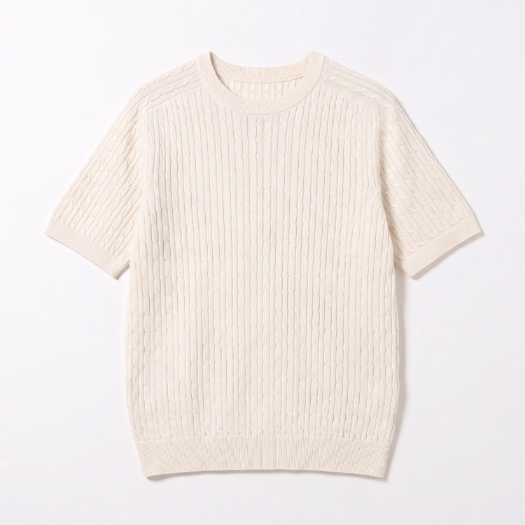立体的なケーブル編み  ラグランスリーブのさらっと快適なニットTシャツ  洗濯機洗い可  お腹まわりを自然にカバー
