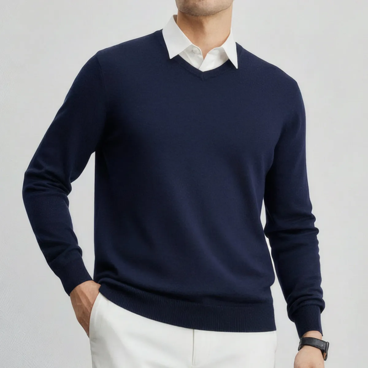 高密度 細ゲージ Vネックニット セーター ビジネスカジュアル 洗濯機洗い可能-Oakln