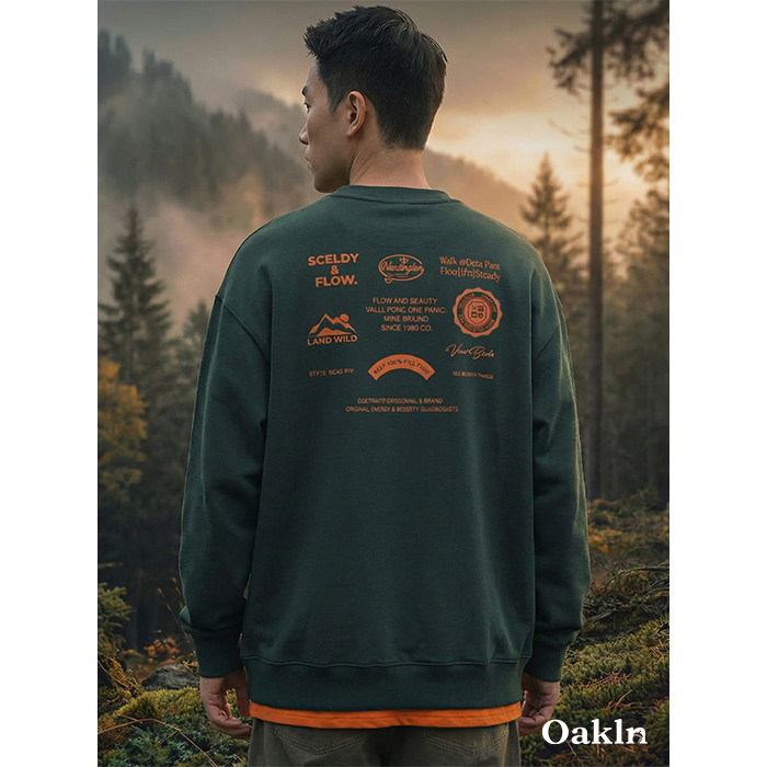 アメリカンヴィンテージ風 アウトドアプリント 配色切替 クルーネックスウェット