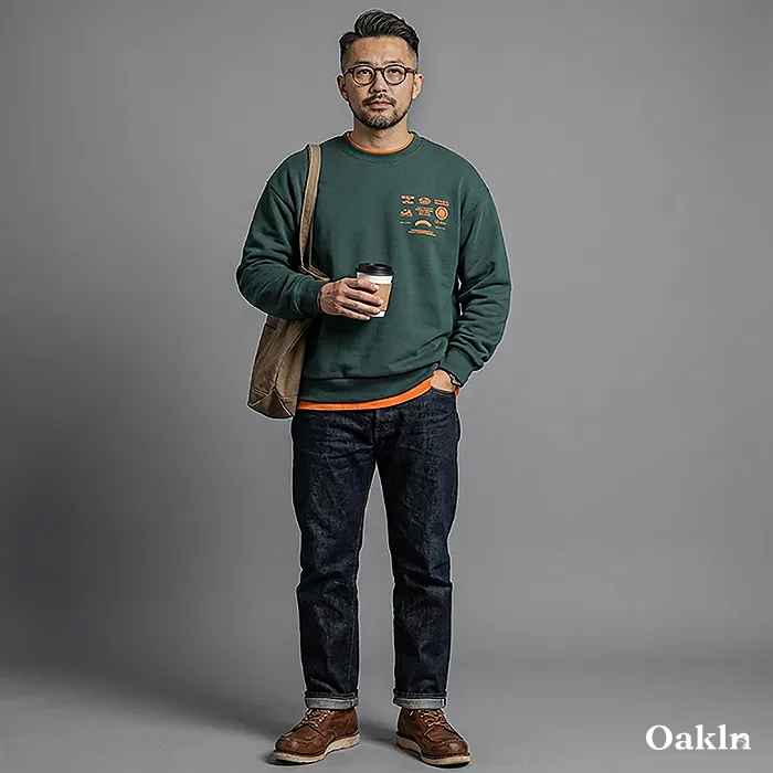 アメリカンヴィンテージ風 アウトドアプリント 配色切替 クルーネックスウェット-oakln