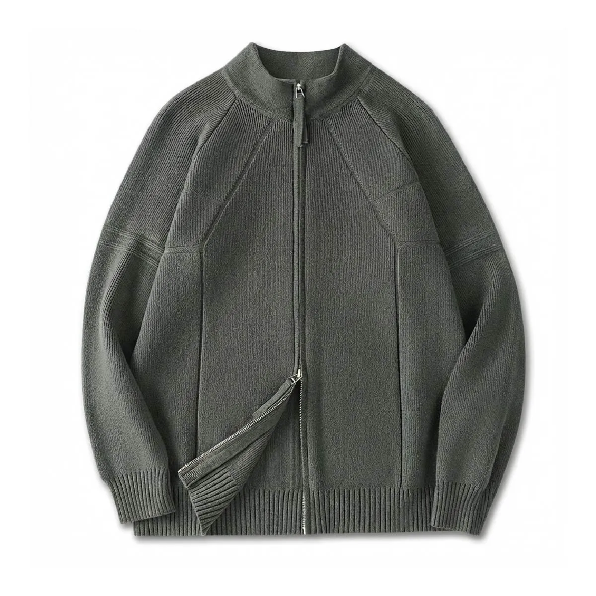 ダブルジップドライバーズニット：リブ編みのスタンドカラー、インナーにもアウターにも使える2WAY仕様、水洗い対応で3シーズン活躍-Oakln