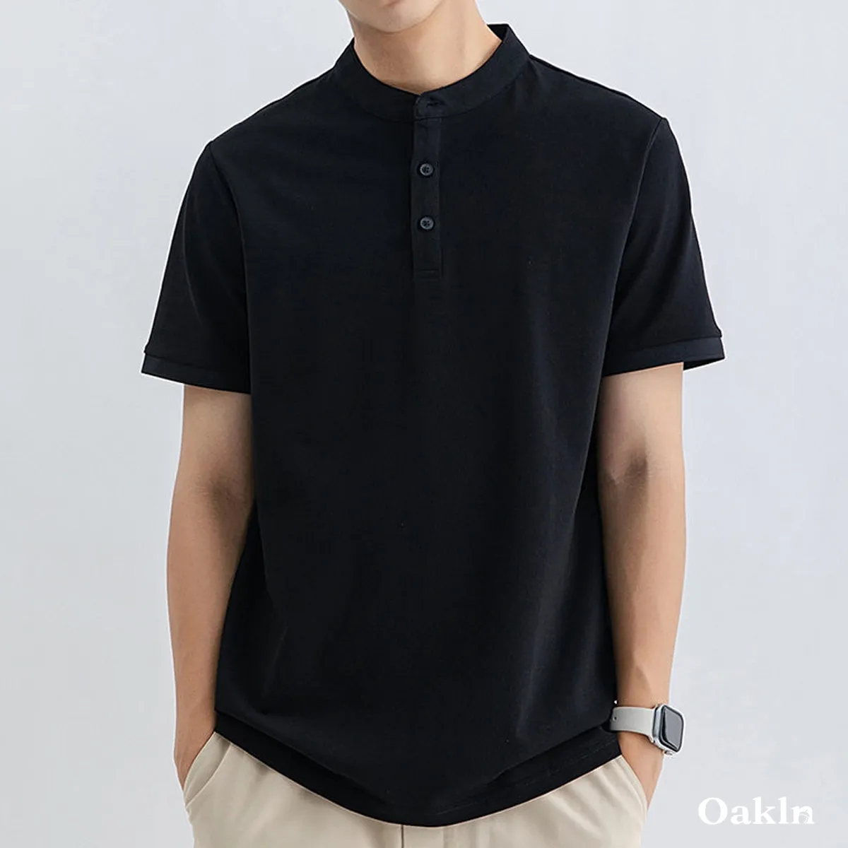 高混率コットンヘンリーネック半袖 ハリ感 通気性 ビジネスカジュアルスタイル-Oakln