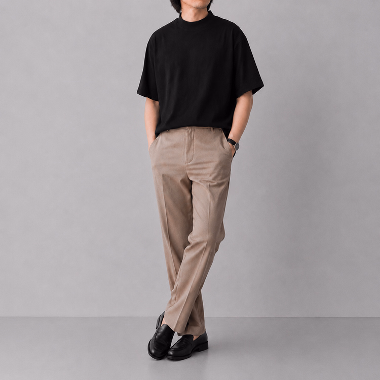 秋ジャケットの専用インナー　ドロップショルダー5分袖コットンモックネックTシャツ　体型を選ばず、ゆったりシルエット