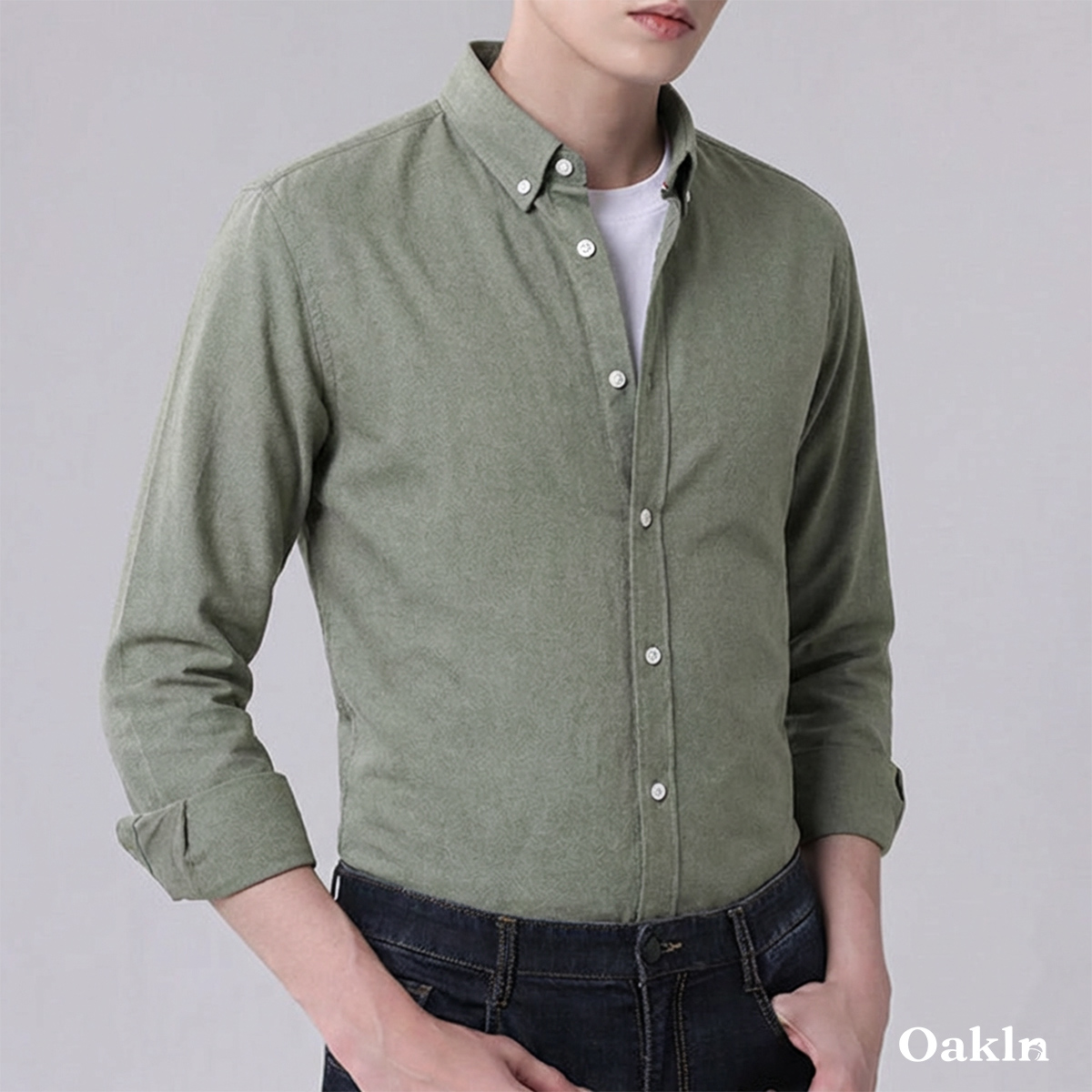 コットン100％ 超長綿 両面起毛 オックスフォード長袖シャツ-Oakln