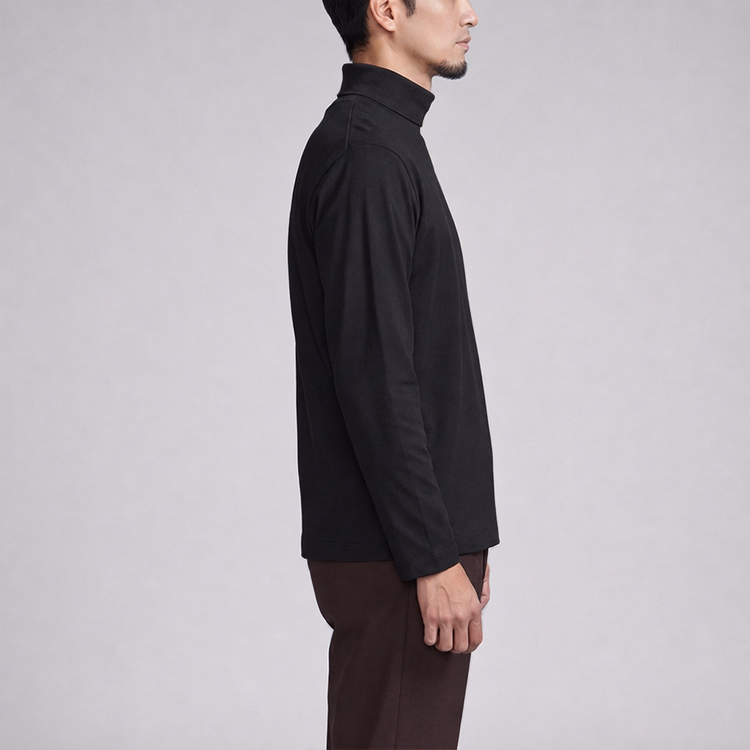シルケット加工 超長綿 折り返しタートルネック長袖Tシャツ  静電気を抑えてまとわりつきにくい  一枚でも品よく、インナー使いにも上品 春・秋・冬の3シーズン対応