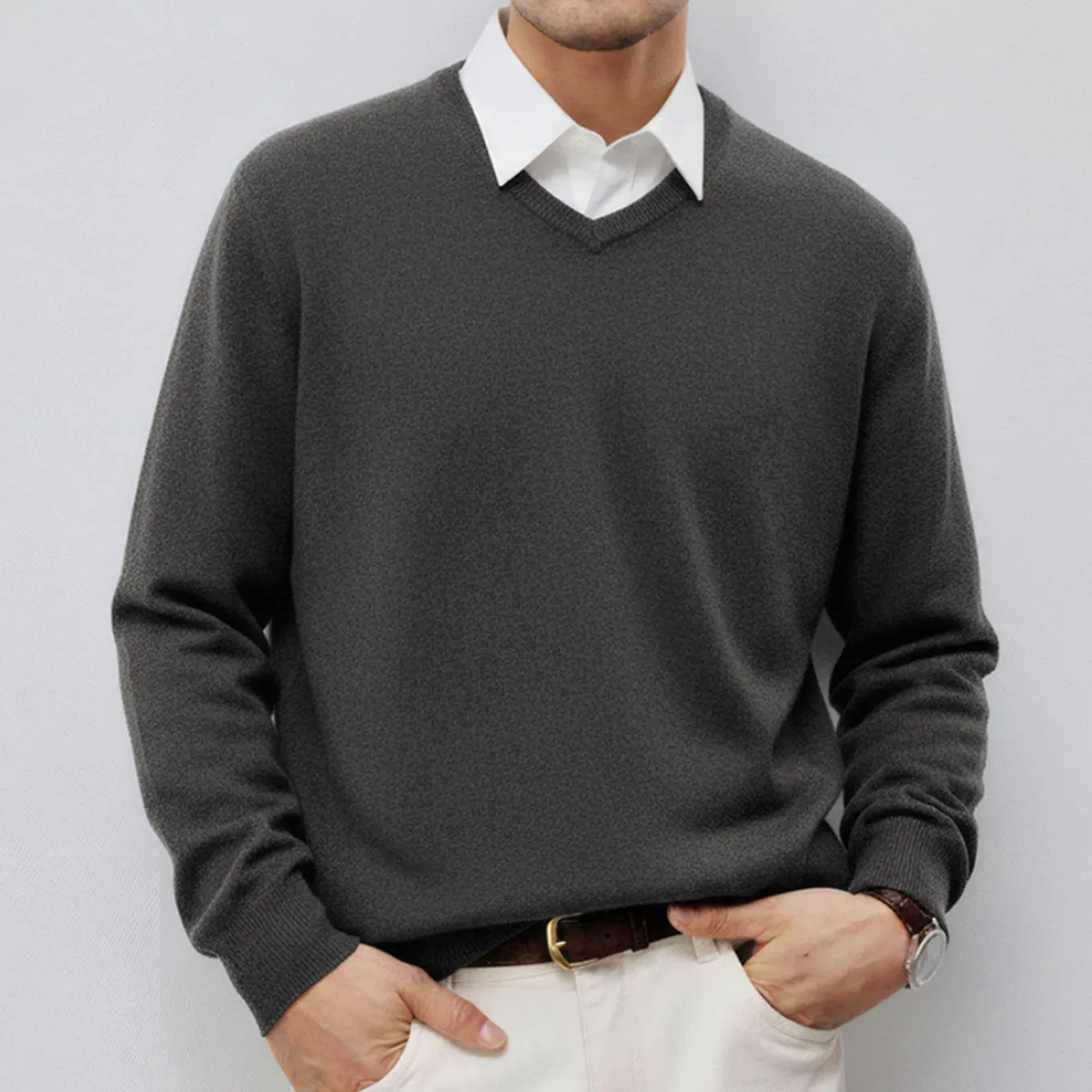 高密度 細ゲージ Vネックニット セーター ビジネスカジュアル 洗濯機洗い可能-Oakln