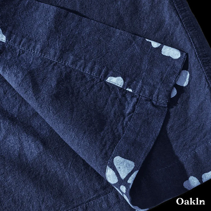 藍染めプリント柄付き半纏五分袖