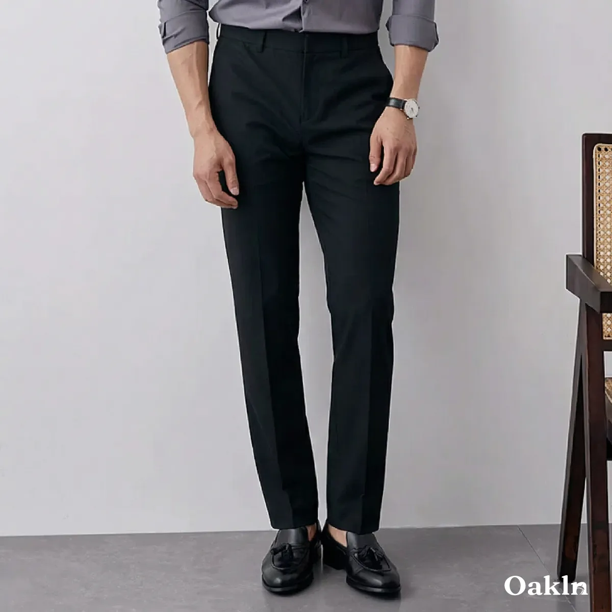 アイロン不要 センタープレス入り ハリのあるスラックス-Oakln