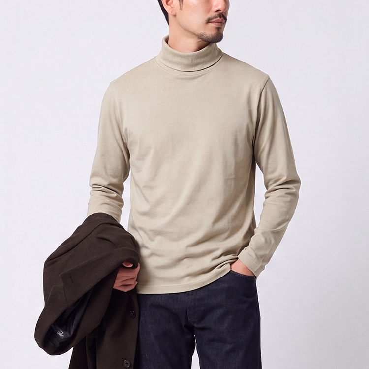 シルケット加工 超長綿 折り返しタートルネック長袖Tシャツ  静電気を抑えてまとわりつきにくい  一枚でも品よく、インナー使いにも上品 春・秋・冬の3シーズン対応