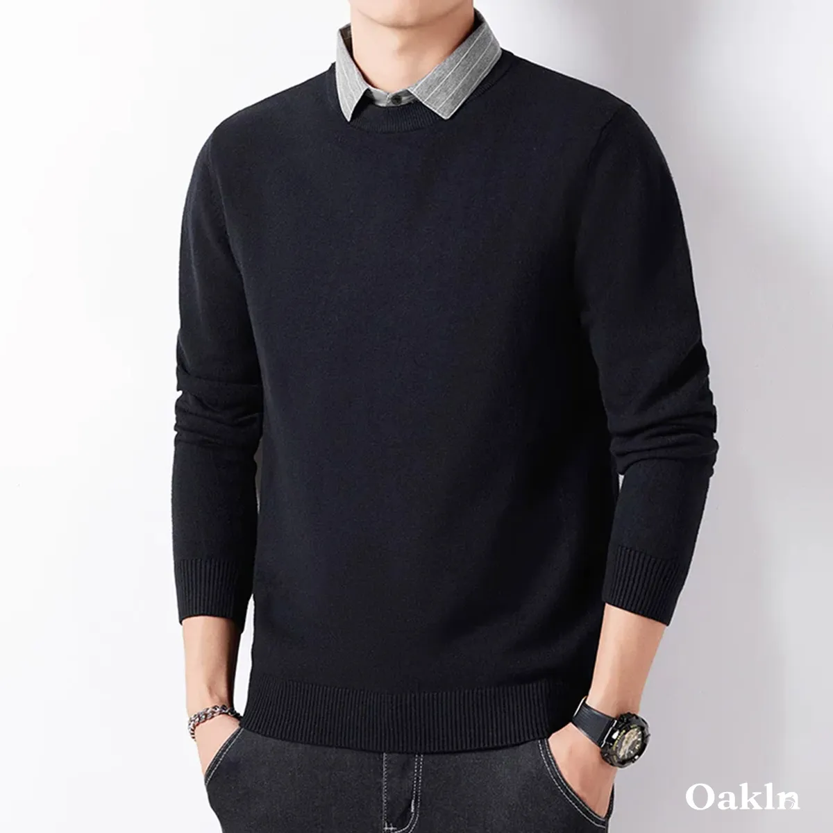 重ね着不要 フェイクレイヤード クルーネック ニット ボーダー襟-Oakln