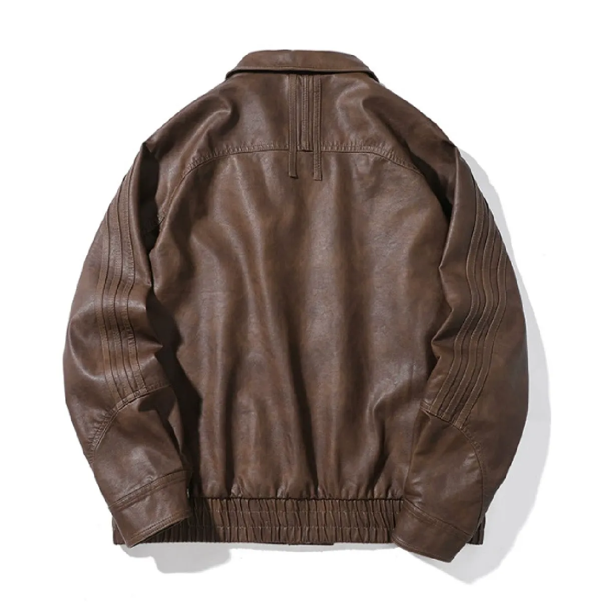 ヴィンテージ風 PUレザー 折り襟付きジャケット｜背面ステッチディテール 本体素材ゴム仕様 防風ジャケット-Oakln